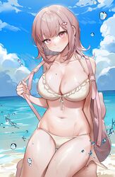 1girls adorable backpack bangs barely_contained beach belly big_breasts bikini blue_sky blush blushing breast_squish breasts busty chubby chubby_female cleavage curvaceous curvy curvy_female curvy_figure cute cute_but_busty danganronpa danganronpa_2:_goodbye_despair danganronpa_s:_ultimate_summer_camp female female_only frills front-tie_bikini front-tie_top hair_ornament hourglass_figure huge_breasts human human_only large_breasts light-skinned_female light_skin looking_at_viewer machi_(machi333) mole_on_breast nanami_chiaki navel ocean red_eyes sea seaside short_hair shortstack sky slightly_chubby soft soft_breasts solo solo_female squish stomach stomach_bulge straight_hair super_danganronpa_2 swimsuit thick thick_thighs thighs voluptuous voluptuous_female water wet white_bikini white_swimsuit