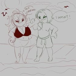 1boy 1boy1girl beach bikini bluueygooey chibi cleavage dialogue english_text female fire_emblem fire_emblem:_three_houses hapi_(fire_emblem) huge_breasts inner_tube linhardt_von_hevring nintendo swimsuit text