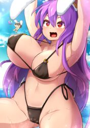 2girls animal_humanoid armpits beach big_breasts bikini breasts bunny_ears bunny_girl cameltoe cleavage curvy duo female female_only long_hair micro_bikini multiple_girls outdoors outside red_eyes reisen_udongein_inaba swimsuit tewi_inaba touhou venus_body