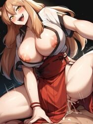 ai_generated brown_hair cowgirl_position cum cum_in_pussy cum_inside fate/grand_order fate_(series) fox_ears fox_girl fox_tail huge_breasts huge_cock huge_cock huge_testicles japanese_clothes kao140522 miko miko_outfit nipples reverse_rape suzuka_gozen_(fate) vaginal_penetration yellow_eyes