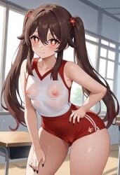 ai_generated big_ass black_nails brown_hair cameltoe genshin_impact hu_tao_(genshin_impact) lonhun1028 nipples red_eyes small_breasts sportswear thick_thighs twintails