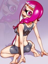 1girls ass back back_view digital_drawing_(artwork) digital_media_(artwork) hands_on_floor inkling inkling_girl looking_at_viewer looking_back nintendo open_mouth pink_eyes pink_hair pose posing smiling_at_viewer splatoon splatoon_3 sports_bra sports_shorts sportswear squat squatting tsuwitchii84