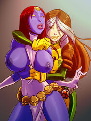 2girls anna_marie areola areolae assisted_exposure big_breasts blue_skin breasts brown_hair clothed erect_nipples female female_only green_eyes incest large_breasts long_hair marvel marvel_comics milf mother_and_daughter multiple_girls mystique nipples no_bra raven_darkholme red_hair redhead rogue_(x-men) shoogerbare smile sweat two_tone_hair white_hair x-men yellow_eyes yuri