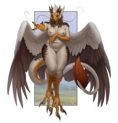 accipitrid accipitriform anthro avian beak beckoning belly big_breasts bird breasts claws dragon eastern_dragon egyptian_vulture eva_(ozawk) feathered_wings feathers feet female front_view genitals gesture hair hi_res horn hybrid mythological_creature mythological_scalie mythology nude old_world_vulture pinup pose pussy raudegil scalie scuted_arms scuted_legs scutes solo tail tail_tuft talons toe_claws toes tuft vulture whiskers white_hair wide_hips wings