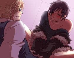 2boys blonde_hair blush durarara!! fur_coat gay heiwajima_shizuo male orihara_izaya sunglasses yaoi