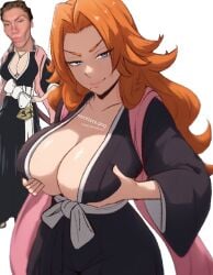 beauty_mark big_breasts black_clothing bleach blue_eyes cleavage clothed fingerontheejectbutton ginger_hair holding_breast looking_at_viewer matsumoto_rangiku meme meme_face sfw squeezing_breast unfinished wip