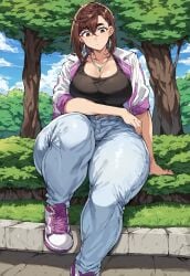 ai_generated ayase_momo blue_clothing blue_jeans bottom_heavy clothed_female clothing dandadan footwear giantess headwear hourglass hourglass_figure jacket jeans light_blue_clothing light_jeans loitering pink_footwear running_shoes sitting smiling smug sneakers tall_female thighs thunder_thighs tight_clothing tight_jeans touching_grass