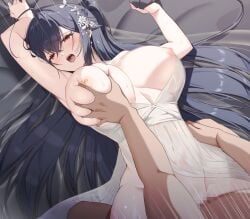 1boy ahoge arms_up azur_lane bed_sheet black_hair blush breasts breasts_out censored cocktail_dress commentary_request covered_navel deep_penetration dress female fumyuun grabbing_another's_breast groping large_breasts long_hair lying missionary mosaic_censoring navel nipples on_back open_mouth plunging_neckline red_eyes satin_dress see-through_clothes see-through_dress sex sheet_grab solo_focus straight taihou_(azur_lane) taihou_(temptation_on_the_sea_breeze)_(azur_lane) vaginal_penetration wedding_dress white_dress