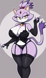 ai_generated black_armwear black_legwear black_lingerie black_thighhighs blaze_the_cat giant_breasts pixai sonic_(series) sonic_the_hedgehog_(series) wide_hips