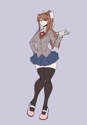 1girls 2021 anime_style blazer breast_expansion breasts brown_hair color doki_doki_literature_club expansion female female_only green_eyes hand_on_hip hi_res high_resolution highres human human_only just_monika looking_at_viewer monika_(doki_doki_literature_club) not_furry rust_and_bolts simple_background skirt smile smiling_at_viewer solo solo_female thighhighs white_bow