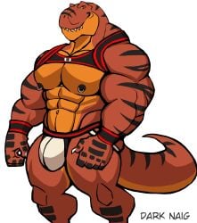 anthro balls bara barazoku bulge darknaigart dinosaur flaccid jockstrap male male_only muscles muscular penis scalie solo solo_male tail tyrannosaurid tyrannosaurus tyrannosaurus_rex