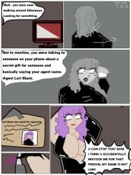 camera comic corruptedftm_(artist) hands_tied_above_head huge_breasts knife latex mad misunderstanding mole newspaper purple_eyes purple_hair purple_lipstick red_eyes ripping_clothing story