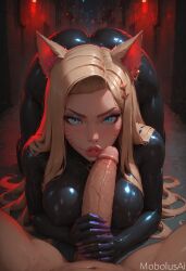 ahri ai_generated blonde_hair breasts catsuit female handjob huge_breasts k/da_ahri k/da_series latex latex_suit mobolusai tight_clothing