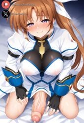 1futa ai_generated balls big_breasts big_penis blush brown_hair clothed cock dickgirl erection foreskin futa_only futanari high-angle_view huge_cock light-skinned_futanari light_skin long_hair looking_at_viewer lyrical_nanoha mahou_shoujo_lyrical_nanoha mahou_shoujo_lyrical_nanoha_strikers nanoha_takamachi on_bed penis ponytail precum purple_eyes roxygtf sitting smug solo sweat sweating sweaty_body takamachi_nanoha