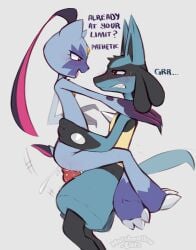 anthro bodily_fluids cum duo female flustered generation_4_pokemon generation_8_pokemon genital_fluids genitals hi_res knot lucario male male/female marshmallow-ears nintendo penetration penis pokemon pokemon_(species) sex sneasler stand_and_carry_position standing standing_sex teasing vaginal_penetration vaginal_penetration