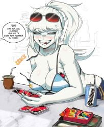 1girls albina_(tidal) albino argentina big_breasts bikini bikini_bottom fangs female_only happy latina mini_bikini scar shorts smiling tidal_(artist) torn_bra uno_card white_hair white_skin