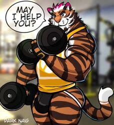 anthro balls bara barazoku bulge darknaigart exercise flaccid furry jockstrap male male_only muscles muscular penis solo solo_male speech_bubble tiger weightlifting working_out