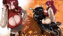 1girls big_ass big_breasts big_thighs breasts building casual closed_mouth clothed hair_over_one_eye highres hintobento holding huge_ass huge_butt huge_thighs large_breasts long_hair looking_at_viewer mitsuru_kirijo motorcycle no_bra no_panties persona persona_3 persona_3_reload red_eyes red_hair red_nails sky skyscraper smile sole_female solo sun sunrise sweat white_kimono yukata