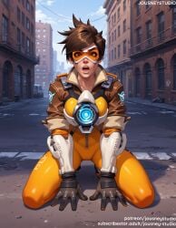 ai_generated bangs blue_sky bodysuit bomber_jacket breasts brown_eyes brown_gloves brown_hair building cameltoe city cityscape clothing cloud day english_text eyewear female female_only gloves goggles jacket jousneystudio kneeling lips looking_at_viewer open_mouth orange_bodysuit outdoors overwatch overwatch_2 short_hair skin_tight sky solo thighs tracer