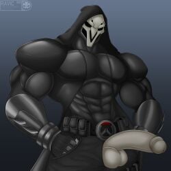 1male abs bara barazoku black_suit buckle gabriel_reyes hand_on_pocket hood male male_only mask muscular muscular_male overwatch pecs penis penis_through_fly reaper solo spiked_armband theravic tight_clothing tight_fit video_game_character video_games