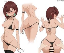 1boy absurdres against_wall anus arm_strap ass ayase_momo bar_censor bikini bikini_bottom_aside bikini_pull black_bikini brown_eyes brown_hair censored closed_mouth clothes_pull clothing_aside cum cum_in_pussy cum_overflow dandadan earrings erection female grabbing_another's_ass groping hair_between_eyes highres jewelry looking_at_viewer looking_back multiple_views navel nipples one_breast_out open_mouth penis pov roswell_ss sex stomach straight swimsuit twitter_username untied_bikini vaginal_penetration