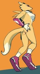 3_fingers anthro armwear ass bandai_namco breasts canid claws clothing digimon digimon_(species) female finger_claws fingers footwear fur hi_res legwear mammal mostly_nude nipples renamon snofu socks solo standing tail yellow_body yellow_fur yellow_tail