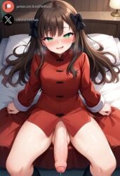 1futa ai_generated arima_miyako balls bedroom big_penis black_hair blush clothed cock dickgirl erection flaccid foreskin futa_only futanari green_eyes high-angle_view huge_cock indoors light-skinned_futanari light_skin long_hair looking_at_viewer melty_blood on_bed penis precum roxygtf sitting small_breasts smug solo sweat sweating sweaty_body