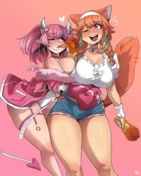 2girls animal_ear_fluff animal_ears arm_around_waist arm_at_side bare_shoulders blush bow bow_choker bra_strap braid breast_press breasts cat_ears cat_girl cat_tail character_name chicken_(food) chicken_leg choker cleavage commentary demon_girl demon_horns demon_tail demon_wings denim denim_shorts earrings eating english_commentary feather_earrings feathers feet_out_of_frame food frilled_wrist_cuffs frills gradient_background green_choker green_hair grin hair_between_eyes hair_ornament hairband hand_on_another's_shoulder hand_up head_wings heart heart_hair_ornament highres holding holding_food hololive hololive_english horns hug ironmouse ironmouse_(race_queen) jacket jewelry large_breasts leotard long_hair looking_at_another multicolored_hair multiple_girls off_shoulder official_alternate_costume one_eye_closed open_mouth orange_background orange_hair pink_background pink_choker pink_hair pink_jacket pointy_ears purple_eyes purple_hair race_queen ryou_sakai shirt short_shorts short_sleeves shorts sideboob sidelocks skindentation smile standing streaked_hair tail takanashi_kiara takanashi_kiara_(casual) teeth thick_thighs thigh_strap thighs twin_braids twintails upper_teeth_only virtual_youtuber vshojo white_hairband white_horns white_leotard white_shirt white_wrist_cuffs wings wrist_cuffs