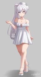 1girls blue_eyes clothed_female cslucaris dress heels ponytail purse rwby scar_across_eye solo_female weiss_schnee white_hair white_hair_female