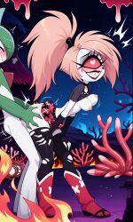 ai_generated ambiguous_penetration blonde_hair breasts breasts_out cartoony cherri_bomb cherri_bomb_(hazbin_hotel) coral coral_pink_hair cyclops demon demon_girl devil_girl doggy_style fangs female flame freckles gallade hazbin_hotel heels holding_ass jiggling_breasts male male/female male_pokemon moving_breasts multicolored_hair nintendo pale_skin pokemon pokemon_(species) pokephilia ponytail pussy red_eyes sharp_teeth short_skirt standing_sex thighhighs torn_clothes white_skin x_eyes