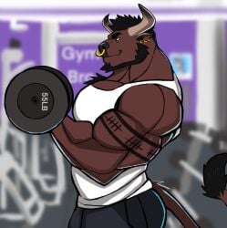 anthro balls bara barazoku beard bovid bulge bull clothing darknaigart exercise facial_hair flaccid horns male male_only muscles muscular penis solo solo_male weightlifting