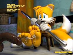 3d_(artwork) 5_toes anthro balls bodily_fluids cum cum_on_feet dialogue digital_media_(artwork) disembodied_penis duo feet foot_fetish foot_focus foot_play genital_fluids genitals hi_res male male/male penis sega sergemeister soles sonic_the_hedgehog_(series) tails toes