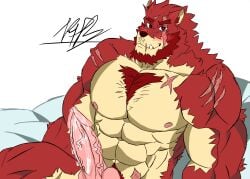 abs anthro bara bara_furry blush canine canine_penis furry_male gay gay_furry horny horny_male knot krampy309 laying_on_bed leaking_precum male male_only masturbation matt_reynord(krampy309) muscular muscular_male pink_penis precum red_fur red_iris scar scarred_body scarred_face smirk smirking_at_viewer turned_on wolf wolf_ears