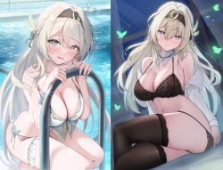 bikini blue_eyes blush bra breasts cleavage crossed_legs curvy female female_only firefly_(honkai:_star_rail) grey_hair honkai:_star_rail honkai_(series) large_breasts lingerie long_hair looking_at_viewer panties panty_pull pool seductive thighhighs two_tone_hair