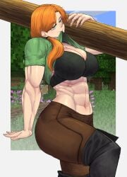 1girls abs alex_(minecraft) big_breasts curvy_female light-skinned_female limn044 minecraft muscular_female red_hair_female showing_breasts strong_woman