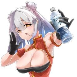 1girls armored_core armored_core_6 chinese cx4wnvlupuiltcn dafeng_core_industries fromsoftware grey_hair holding_object looking_at_viewer offering_drink offering_to_viewer open_mouth simple_background stay_hydrated water white_background yellow_eyes