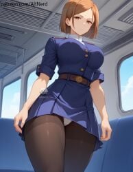 ai_generated altnerd artist_logo artist_name belt big_breasts brown_eyes brown_hair buttons jujutsu_kaisen kugisaki_nobara leggings looking_at_viewer panties pantyshot patreon_link skirt thick_thighs train uniform upskirt white_panties