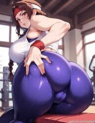 ai_generated ass ass_focus balecxi bare_shoulders big_ass big_breasts blush braid braided_ponytail brown_eyes brown_hair busty cameltoe clothed dat_ass fat_ass female from_behind gym headband huge_ass indoors king_of_fighters large_breasts leggings long_hair looking_at_viewer looking_back pants patreon_username red_headband sitting solo spandex sweat thick_thighs thighs tight_clothing web_address yoga_pants yuri_sakazaki