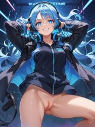 ai_generated belenia_kontra_(slime_blue) blue_eyes blue_hair exposed_pussy jacket slime_blue smile vagina