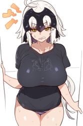 ahoge annoyed annoyed_expression belly_button belly_button_visible_through_clothing big_breasts big_thighs black_headgear black_headwear black_shirt black_t-shirt blue_striped_panties blue_stripes blush blush_lines blushing_at_viewer breasts collarbone ebora eye_bags eyebags fate/grand_order fate_(series) front_view golden_eyes hands_on_door headpiece jeanne_alter jeanne_d'arc_(alter)_(fate) jeanne_d'arc_alter_(fate) just_woke_up large_breasts looking_at_viewer nipple_bulge no_bra panties short_hair shoulder_length_hair simple_background striped striped_panties sweat sweatdrop sweating sweaty t-shirt thighs thighs_together tired tired_eyes white_background white_hair wide_hips yellow_eyes youngmanisdown