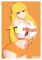 1girls arms_under_breasts arrancon big_breasts blonde_female blonde_hair cleavage exposed_torso hooters hooters_uniform pose posing purple_eyes robotic_arm rwby short_shorts smile solo_female yang_xiao_long