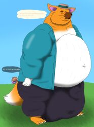 alythewolfcat animal_crossing anthro balls belly big_balls big_belly big_bulge black_sclera bottomwear bulge canid canine clothing coat crazy_redd detailed_bulge english_text fox genital_outline genitals hi_res huge_balls huge_belly huge_bulge human hyper hyper_balls hyper_bulge hyper_genitalia male mammal nintendo pants penis_outline red_eyes solo text topwear villager_(animal_crossing)