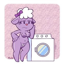 accessory anthro appliance bovid bow_ribbon breasts caprine el_senor_erizo eyelashes female fur hair_accessory happy_tree_friends hi_res lammy_(htf) laundry_machine mammal nude purple_body ribbons sheep simple_background solo washing_machine