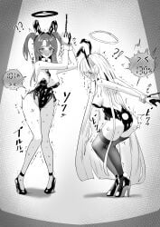 2girls blue_archive bunny_ears bunny_girl bunny_tail bunnysuit chains have_to_pee high_heels knees_together_feet_apart long_hair myoung noa_(blue_archive) omorashi stockings tagme trembling twintails yuuka_(blue_archive)