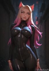 ahri ai_generated blonde_hair breasts catsuit female huge_breasts k/da_ahri k/da_series latex latex_suit mobolusai tight_clothing