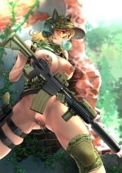 blonde_hair brick_wall camouflage chewing_gum chichimaro clitoris_piercing exhibitionism female gun holding holding_gun holding_weapon long_labia military military_uniform nipple_piercing no_pants nude original outdoors piercing public_indecency public_nudity pussy pussy_juice pussy_piercing solo weapon