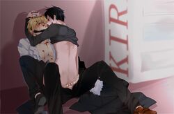 2boys blush cum durarara!! gagged gay heiwajima_shizuo male male_only orihara_izaya wink yaoi