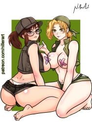 2girls artist_name ass asymmetrical_docking bandana barefoot big_breasts blonde_hair breast_press brown_eyes brown_hair dimples_of_venus eri_kasamoto feet female female_only fio_germi gold_eyes hat looking_at_viewer looking_back matching_hair/eyes medium_breasts medium_hair metal_slug micro_shorts military nillerart no_bra no_shirt open_clothes painted_nails panties panty_peek parted_lips pasties ponytail seiza shiny_skin shorts sideboob simple_background sitting smile snk url vest wariza white_panties x_pasties yuri