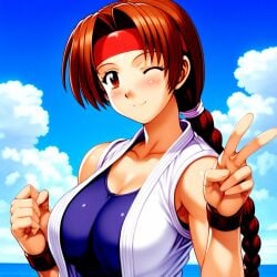 1girls big_breasts braid brown_eyes brown_hair busty female headband karate_gi king_of_fighters light-skinned_female light_skin long_hair looking_at_viewer one_eye_closed outdoors outside thick_thighs thighs tied_hair tight_clothes voluptuous voluptuous_female yuri_sakazaki