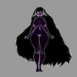 3_eyes bangs big_breasts black_body black_hair elf_ears grey_background inhuman long_hair nipples no_bra no_panties no_pupils no_underwear nude oc original original_character purple_blush purple_pussy purple_scar pussy_exposed smiling standing tall tall_female thick_thighs thin_waist white_eyes white_mouth